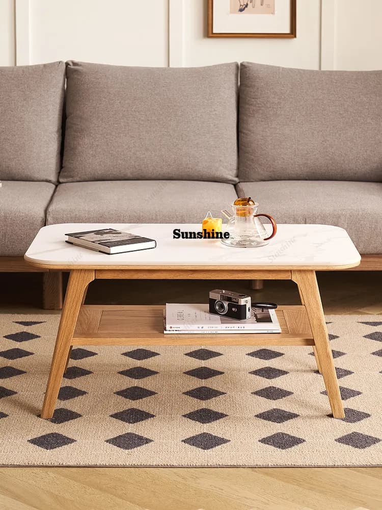 Solid wood rock slab coffee table simple modern small apartment living room household tea table double-layer tea table