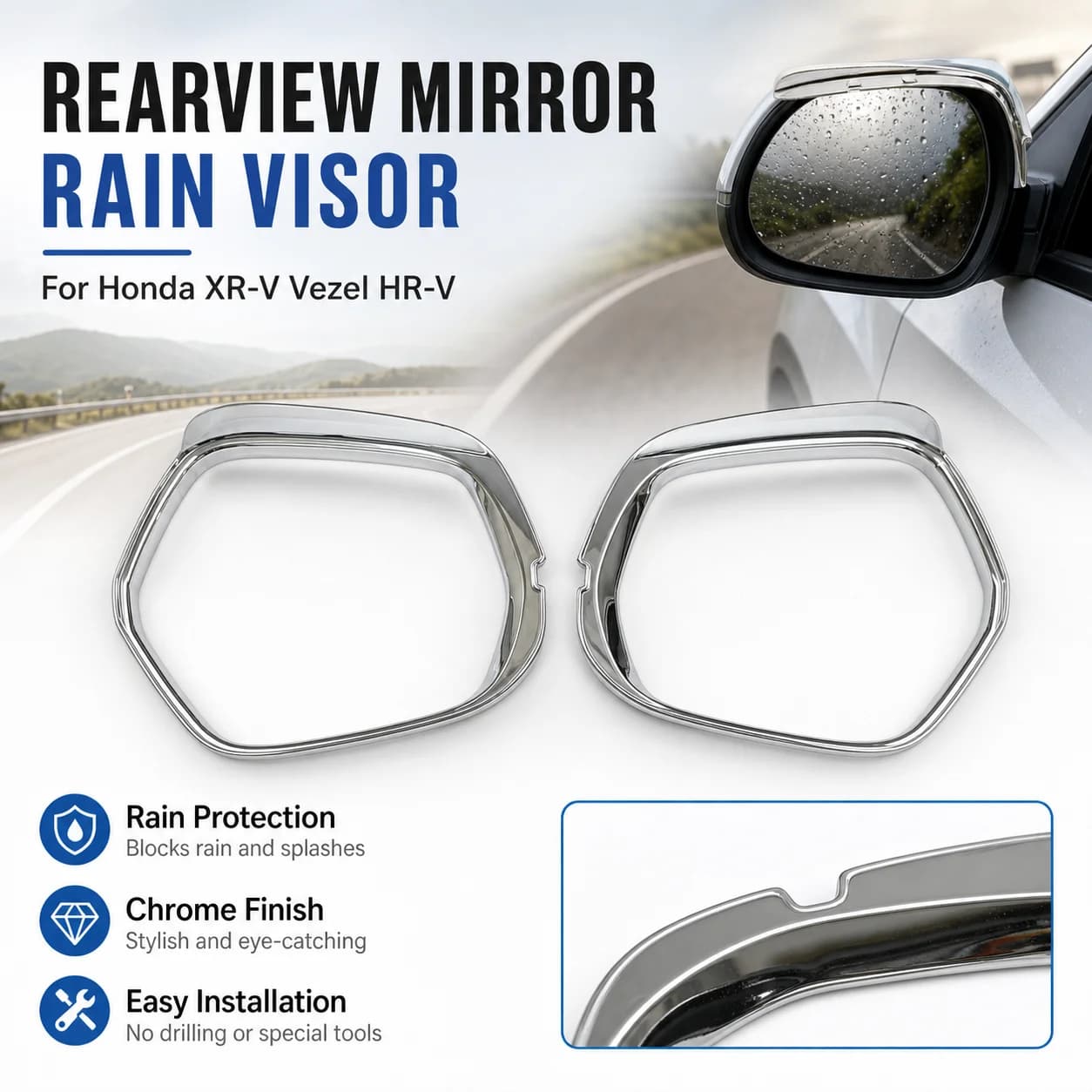 Chrome Rearview Mirror Rain Visor for Honda XR-V Vezel HR-V, 2 Pieces