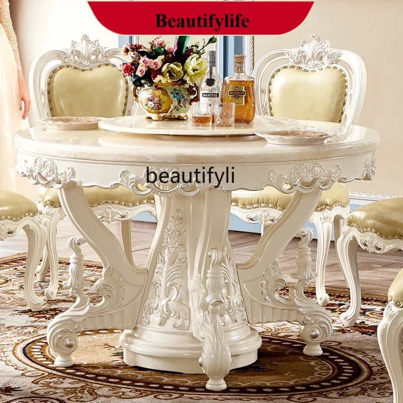 z183  Round dining table all solid wood natural marble countertop dining table French large apartment American style