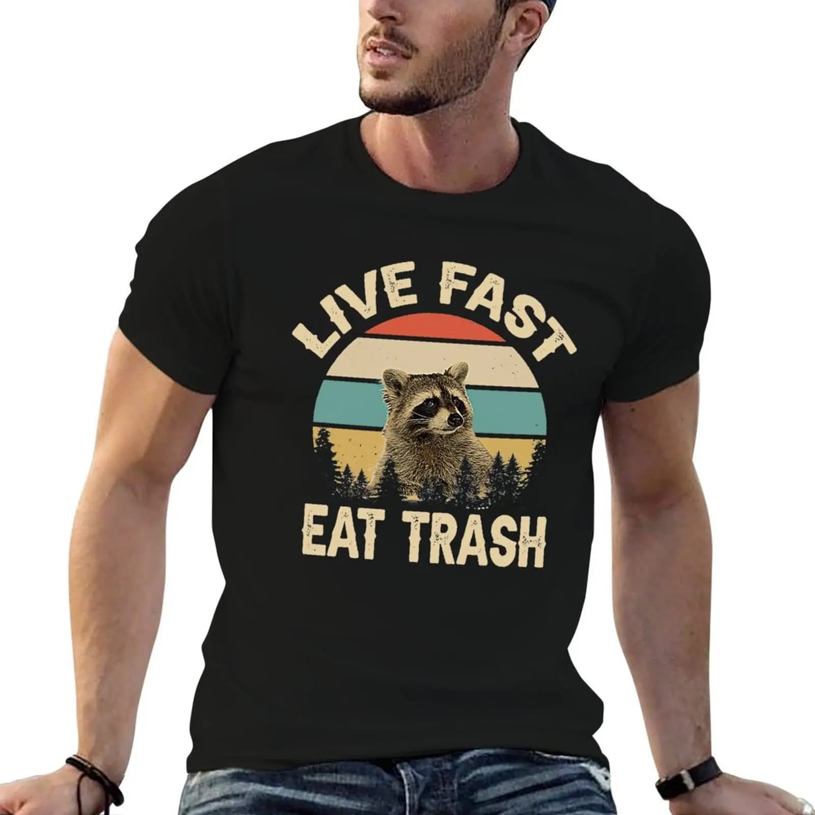 Live Fast Eat Trash Funny Raccoon T-Shirt plus size tops man clothes mens graphic t-shirts pack