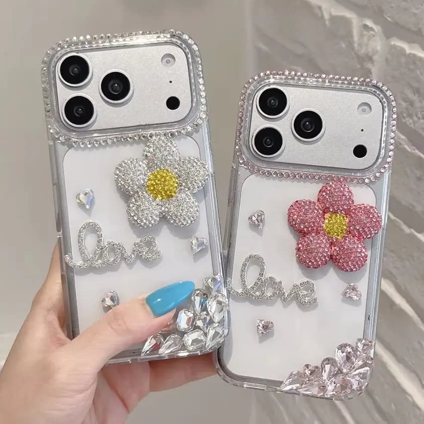 Luxury Sparkly Rhinestone Flower Love Crystal Clear Case for 17 Pro Max Bead Wrist Strap Protective Cover for iPhone 16 15 14