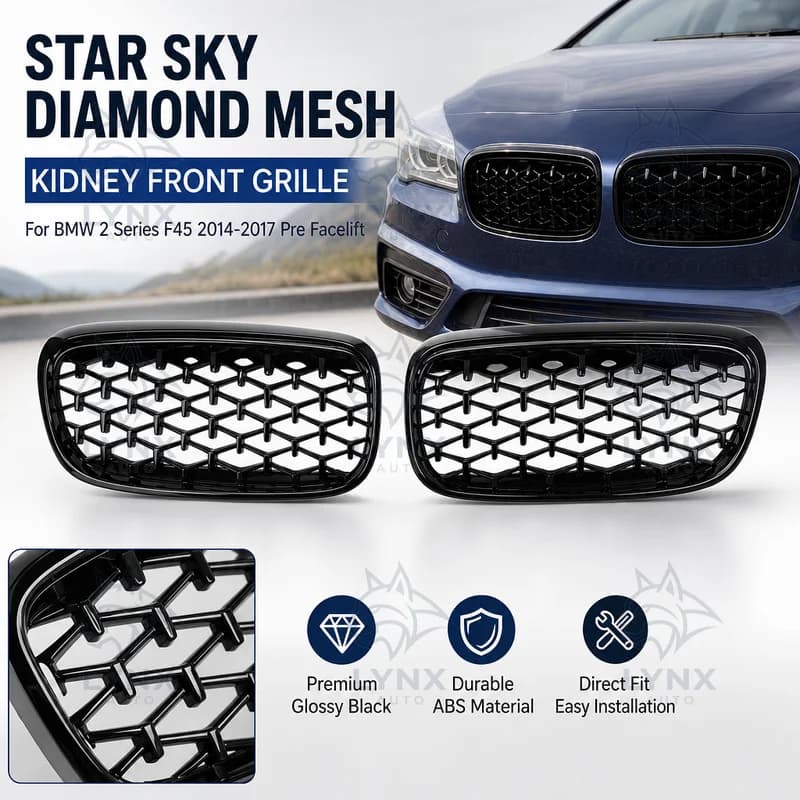 For BMW 2 Series F45 2014-2017 Pre Facelift Glossy Black Star Sky Diamond Mesh Kidney Front Grille Replacement