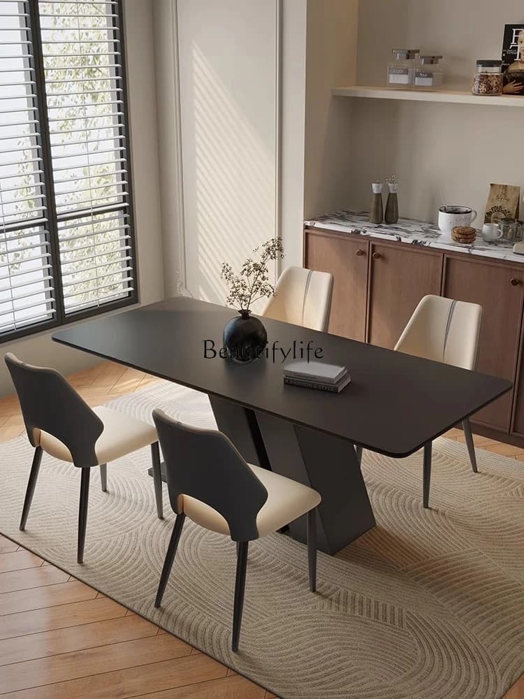 Retro wabi-sabi black rock slab dining table simple modern rectangular wrought iron