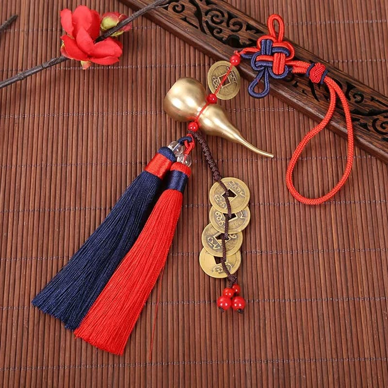 Premium Tassel Hollow Brass Car Rearview Mirror Double Color Combination Fu Lu Gourd Pendant