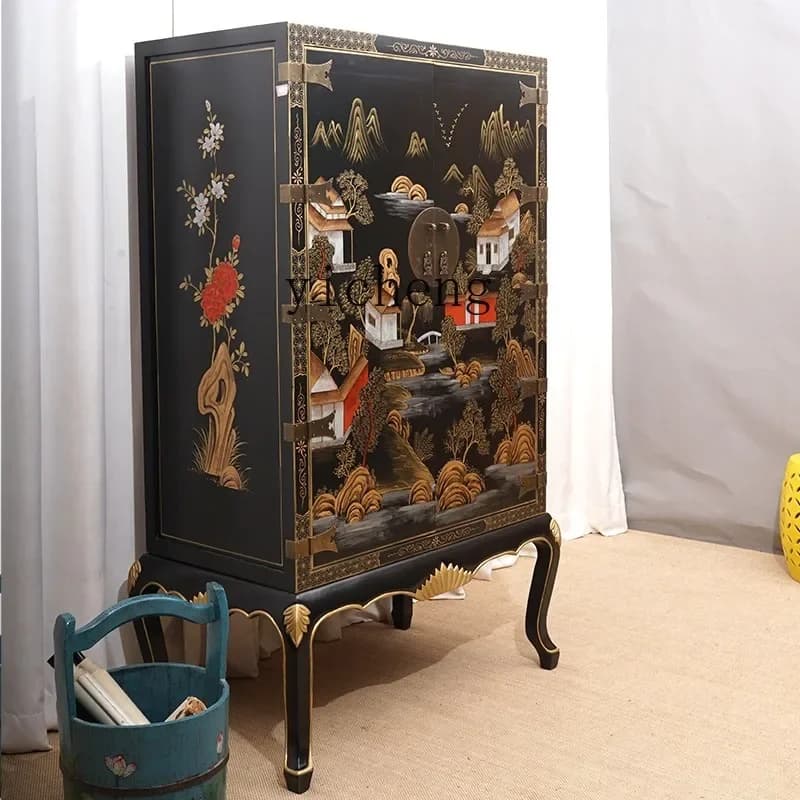 U29  retro solid wood painted gold-painted wardrobe bedroom small apartment storage high cabinet household clothes cabinet