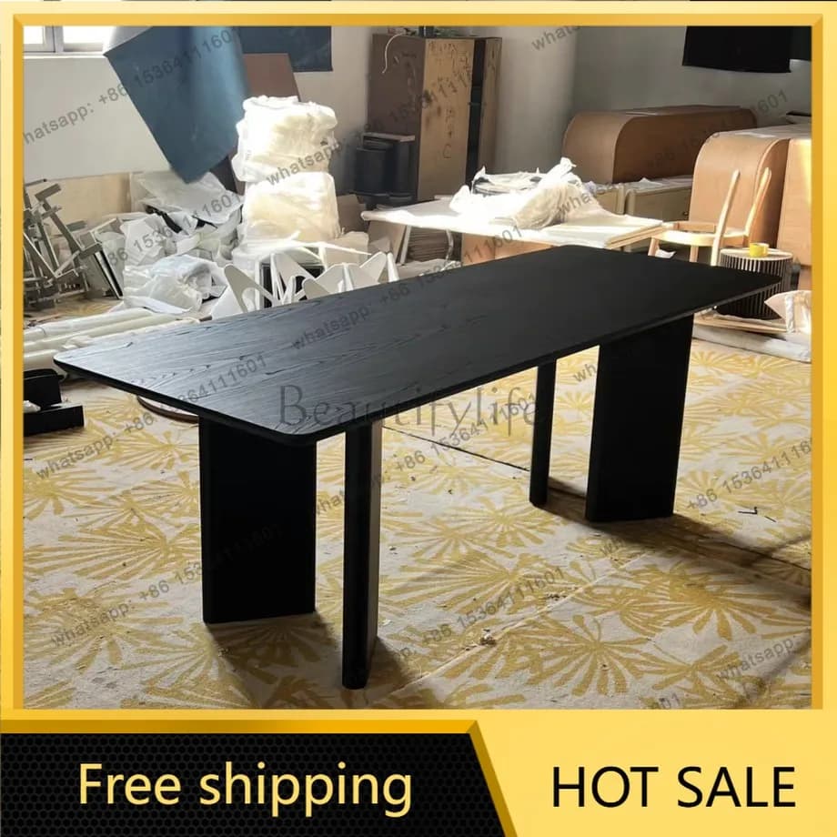Factory Direct Sales French Retro Black Solid Wood Dining Table Household Long Medium Antique Log