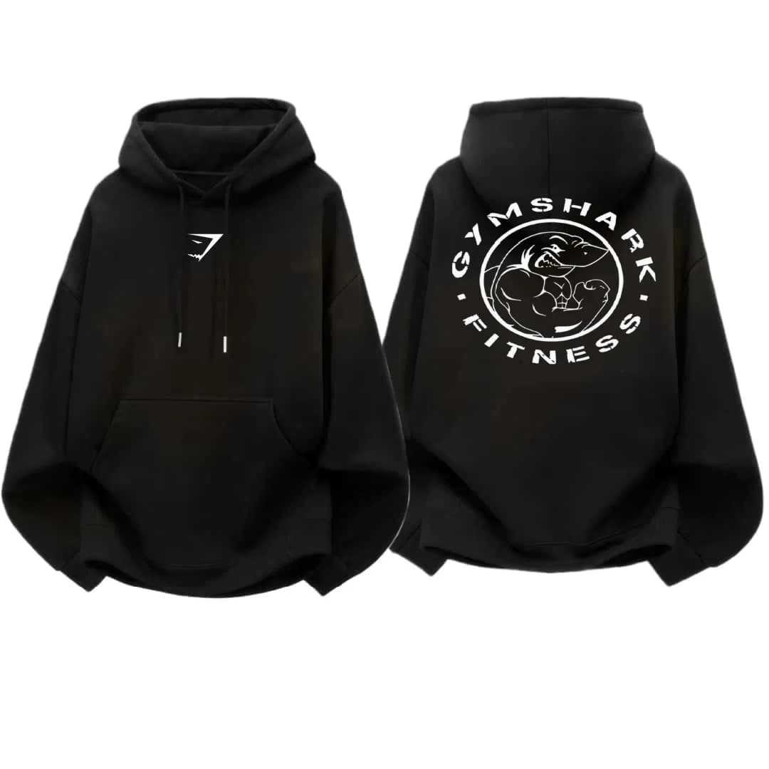 GYM SHARK Men's Fitness Hoodie Hoodie, Cartoon Muscle Shark Back Print, Casual Exercise Hoodie