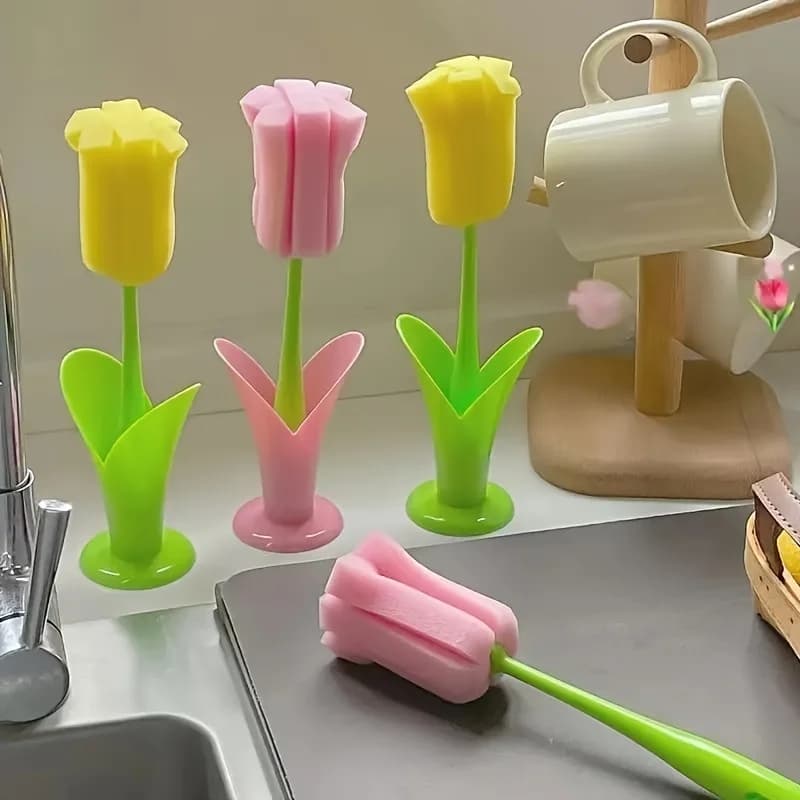 1 Tulip Style Reusable Cup Brush With Detachable Sponge Head - Long Handled Bottle And Glass Cleaner, Durable Plastic, Perfect