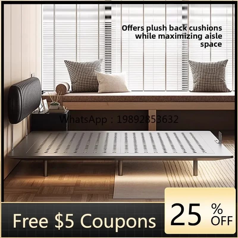 ZC Carbon Steel Bed Frame Vintage Style Floating Bed Black Leather  Retro French Small Apartment Bed