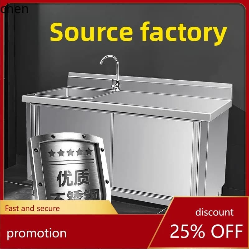HT Stainless Steel Sliding Door Workbench Cabinet with Sink Platform Integrated Sink Stove Cabinet for Restaurant Commercial Use