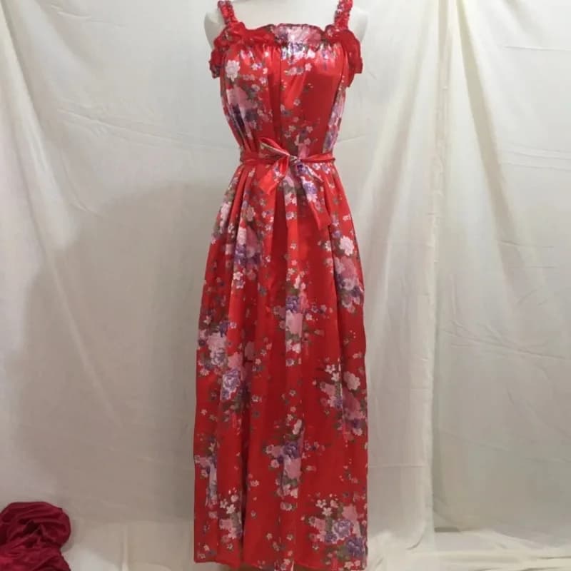 Loose Lace Up Maxi Dress Travel Beach Casual Clothing, Men Glossy Floral Print Women Satin Sleeveless Ruffled Dress