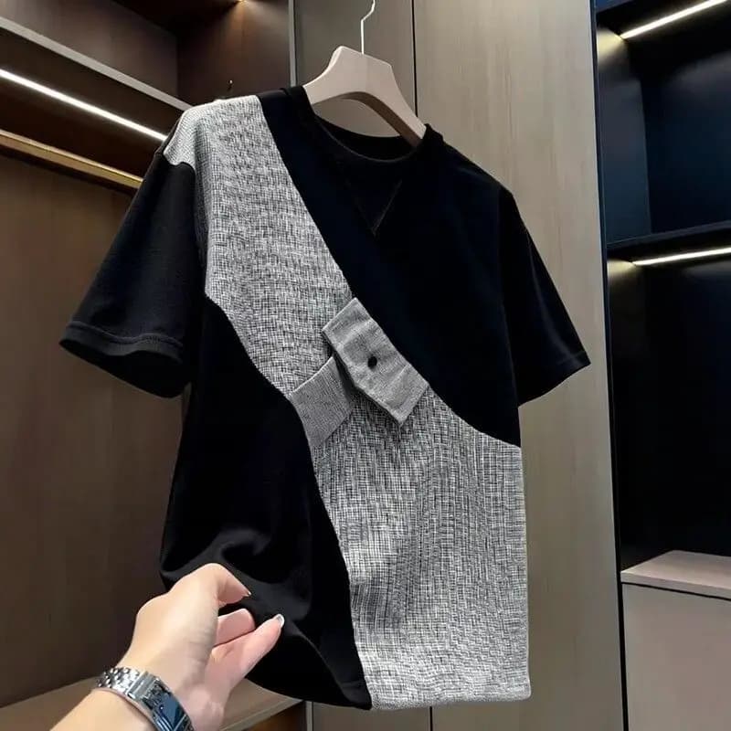 Black Round Neck Short-sleeved Contrasting Top 2026 Summer New Men's Clothing Splicing Loose Short-sleeved T-shirt