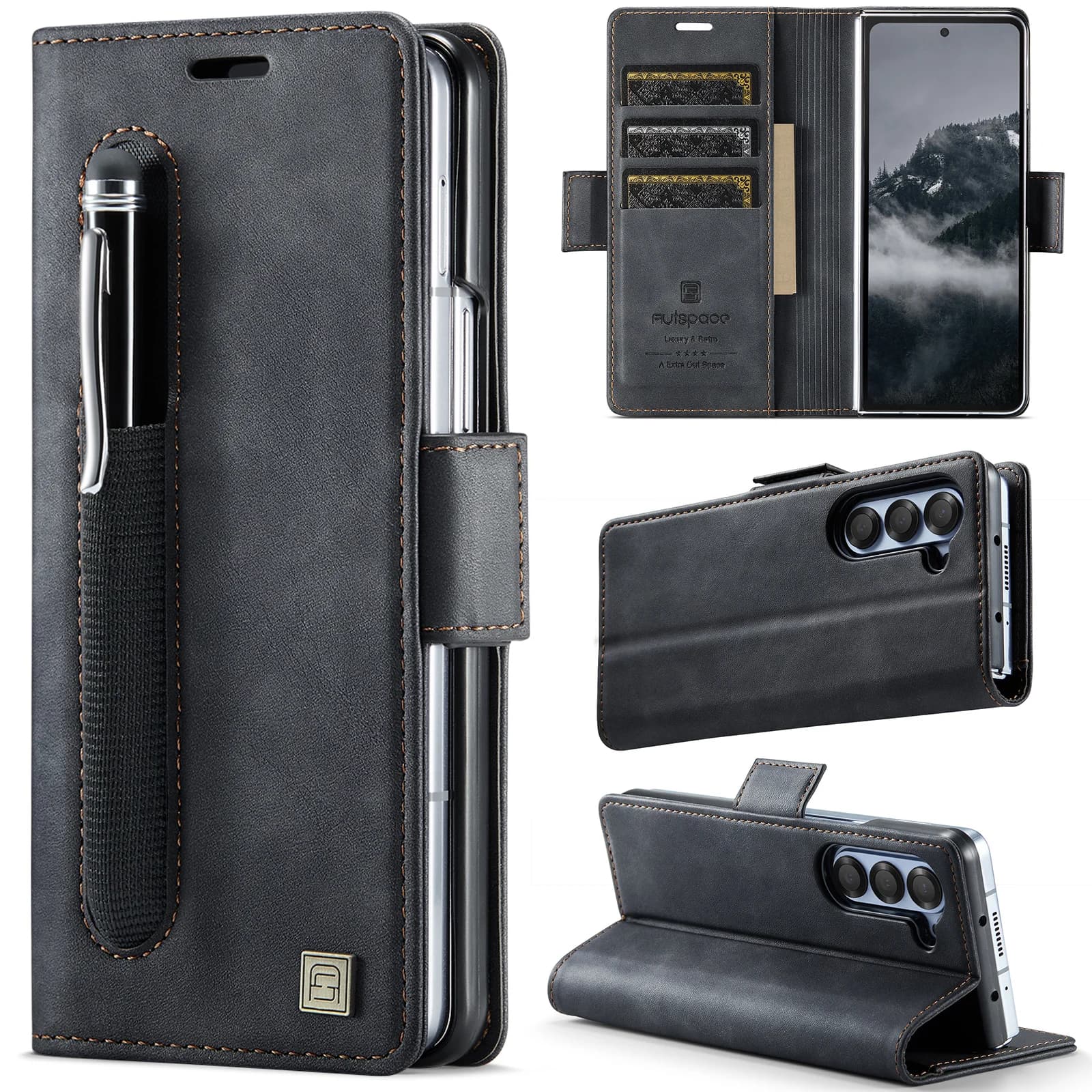 AUTSPACE Premium Leather Wallet Case for Galaxy Z Fold 6 Fold 5 Magnetic Clasp Folding Protective Case with Pen Slot Holder