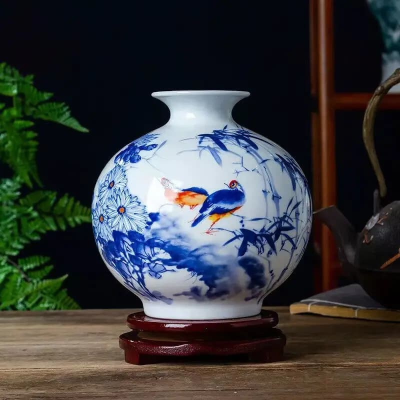 Chinese Blue and White Porcelain Flower and Bird Pattern Vase,Round Belly Vase