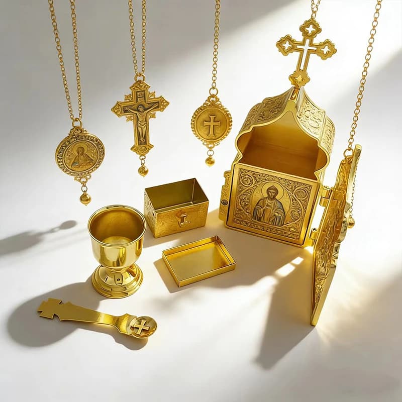 New 2026 Traditional Orthodox Portable Communion Kit Gold-Plated Tabernacle with Chalice and Spoon for Worship and Pastoral Care