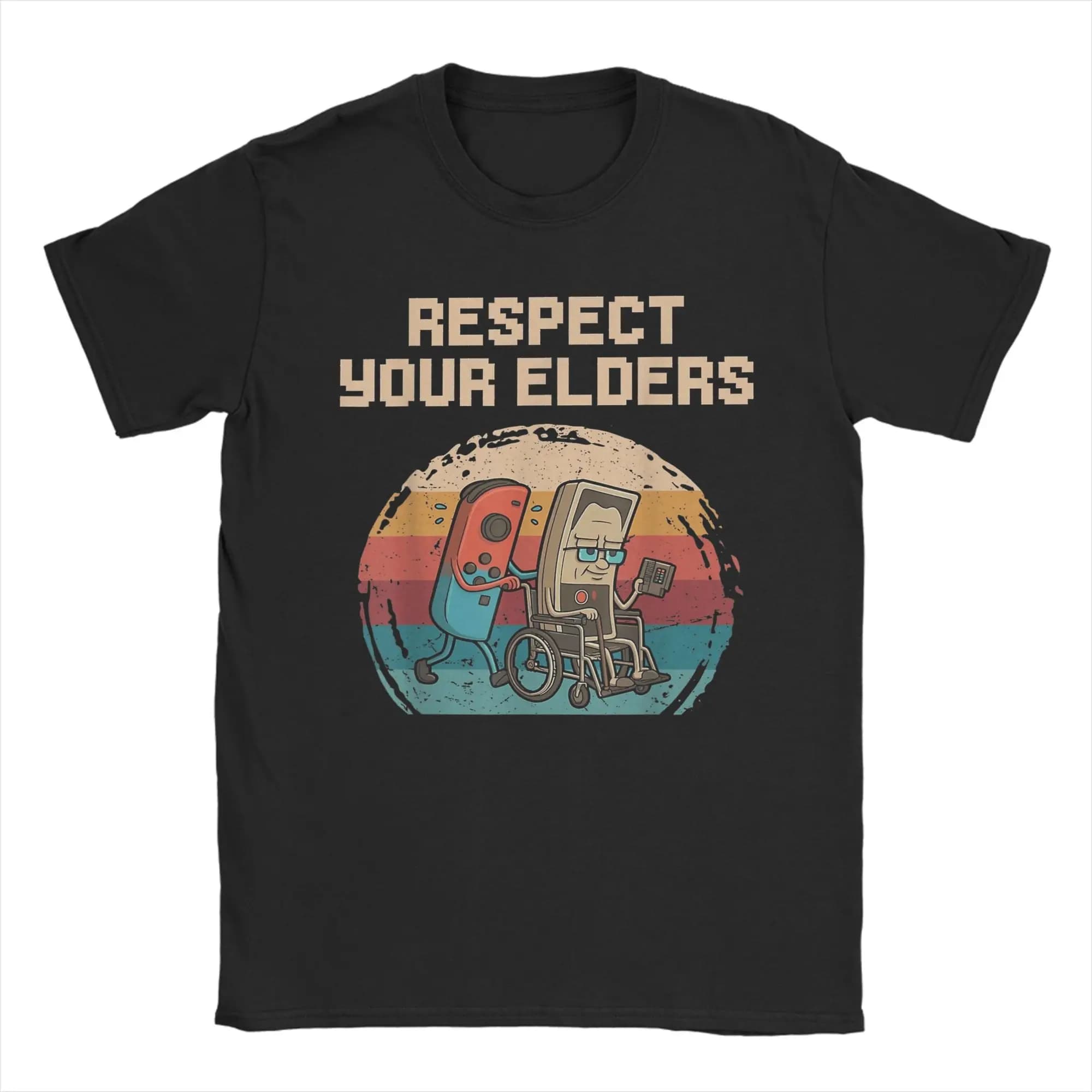 Respect Your Elders Retro Gaming Humor With Controllers T Shirt Summer Harajuku T Shirts Men's 100 Cotton O Neck Oversized Tees