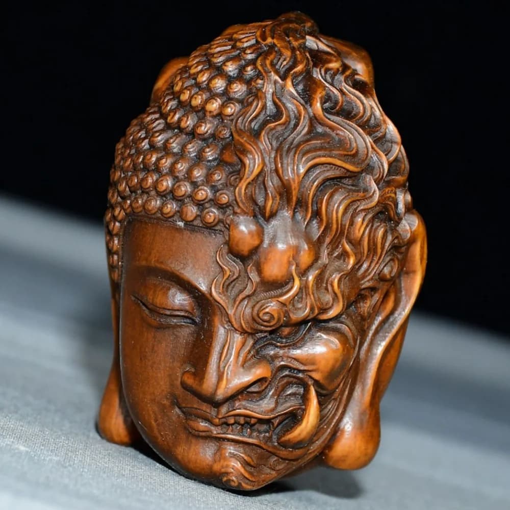 Hand Carved Boxwood Buddha Demon Head Figurine Statue Wooden One Side Buddha One Side Devil Sculpture Oriental Decor Craft Gift