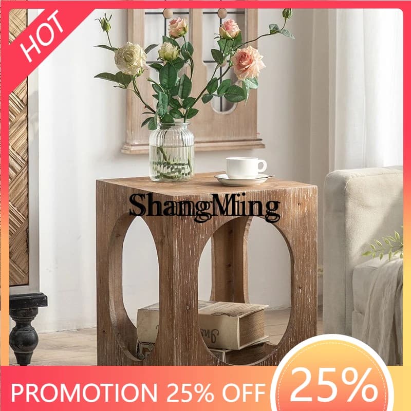 ZYY Fashion and Exquisite Retro Old Solid Wood Storage Corner Table Light Luxury Living Room Bedroom Bedside Coffee Table