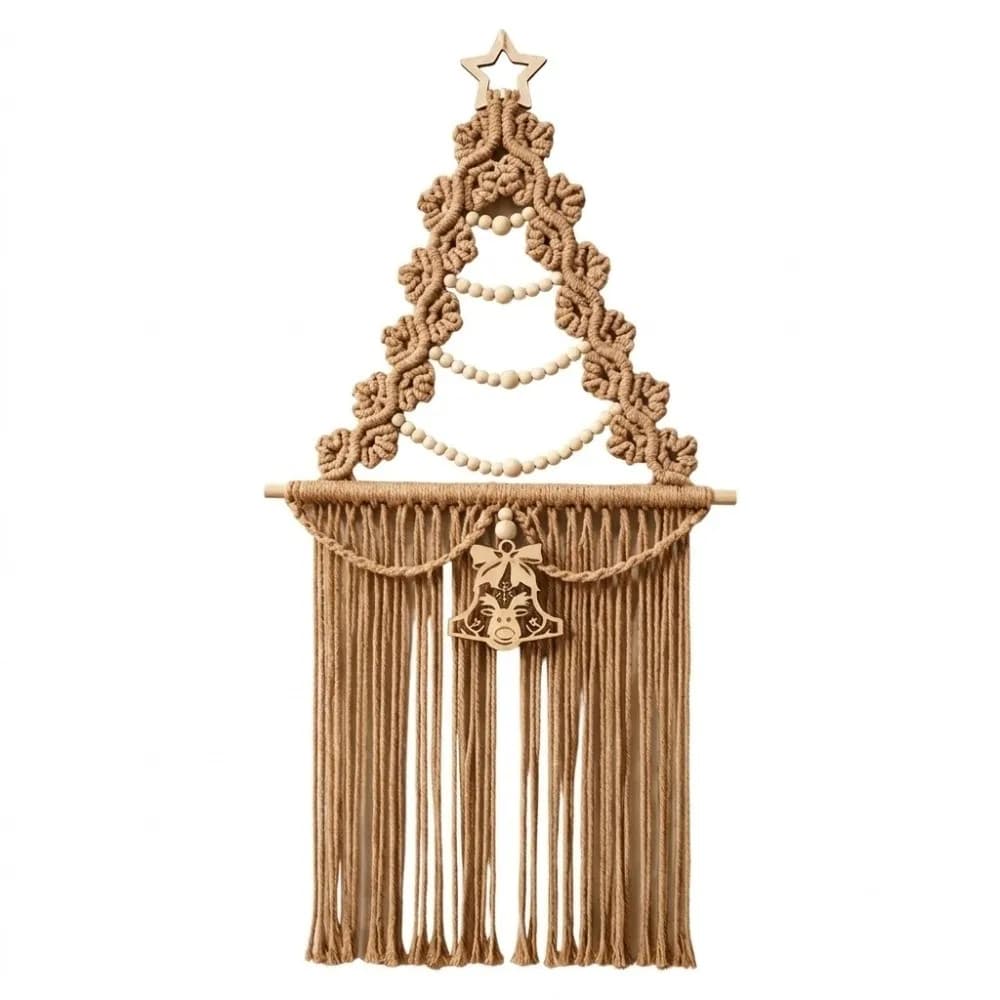 Wood Beads Christmas Tree Macrame Tapestry Aesthetic Woven Wall Hanging Pendant Decorative Art Xmas Wall Decor Bedroom