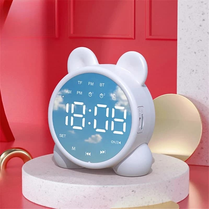 Bluetooth Mirror Table Clock Kids Alarm Clock Cute Cat Digital Alarm Clock For Kids Bedside Children'S Sleep Led