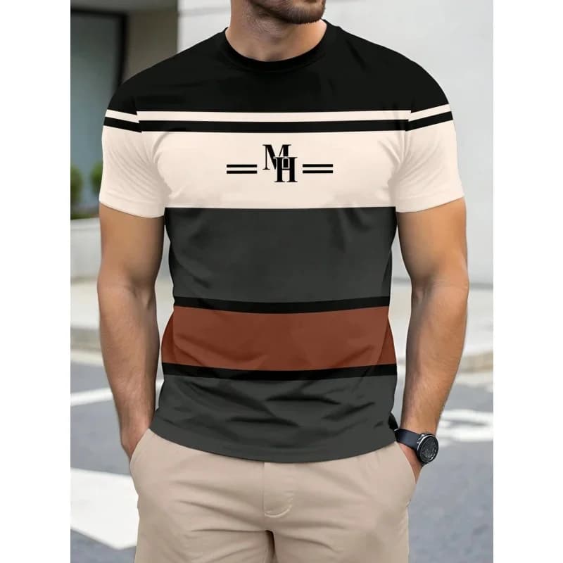 Hot-selling Men's Trendy 3D Printed Geometric Striped T-shirt, King Color Pattern T-shirt, Summer Fashion and Casual O-neck Loos