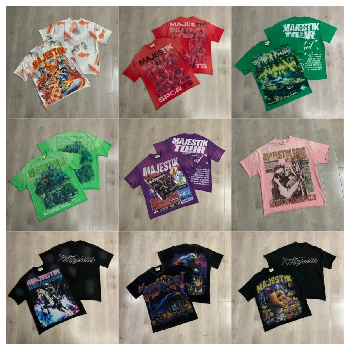 MAJESTIK Retro Graffiti Print Summer Streetwear Washed and Weathered Casual Loose-Fitting Short-Sleeved T-Shirt