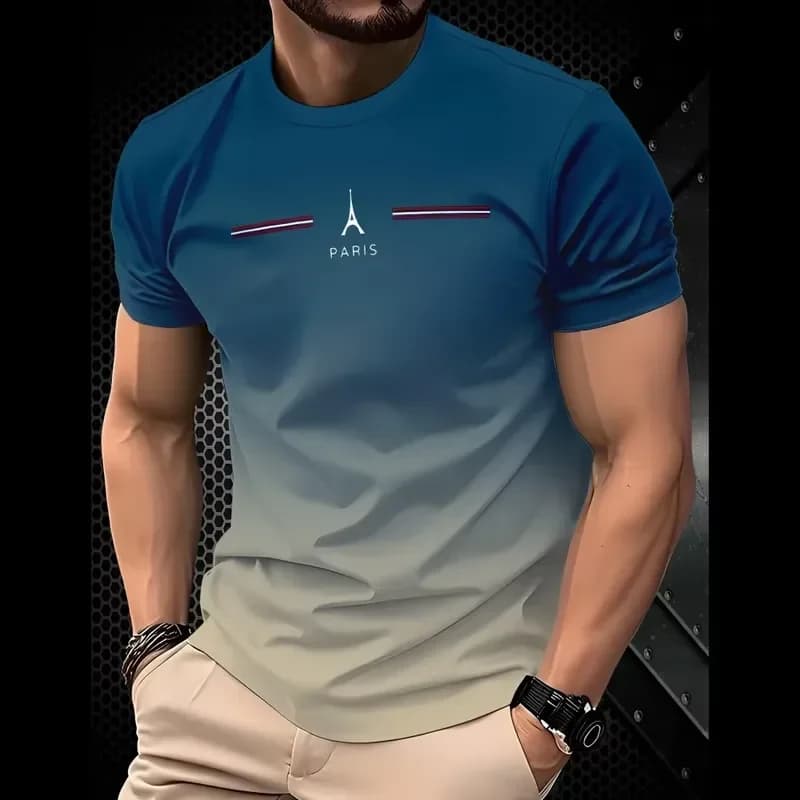 2026 Men's Summer 3D Gradient Paris Print T-Shirt for Daily Wear Oversized Fit Round Neck Short Sleeve Casual Top