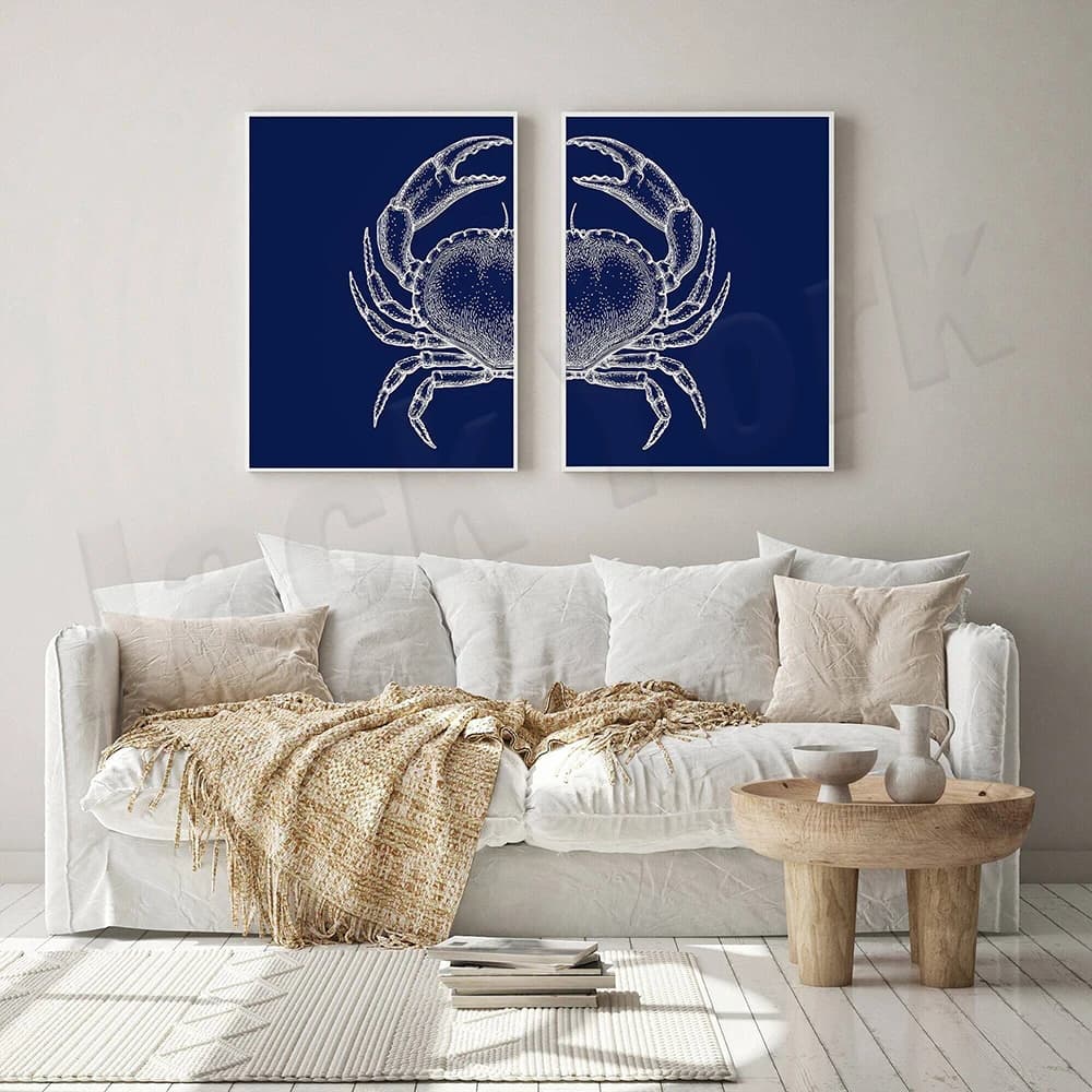 Navy blue crab print, coastal art, Hamptons style Maryland crab art, seaside print, modern beach house nautical decor poster