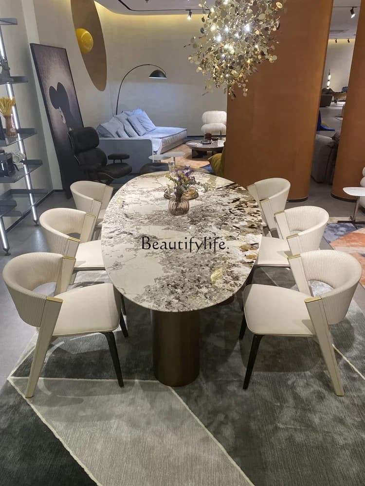 02  Luxury Stone Dining Table Oval Villa Large Flat Floor Light Luxury Water Drop Shaped Natural Marble Dining Table
