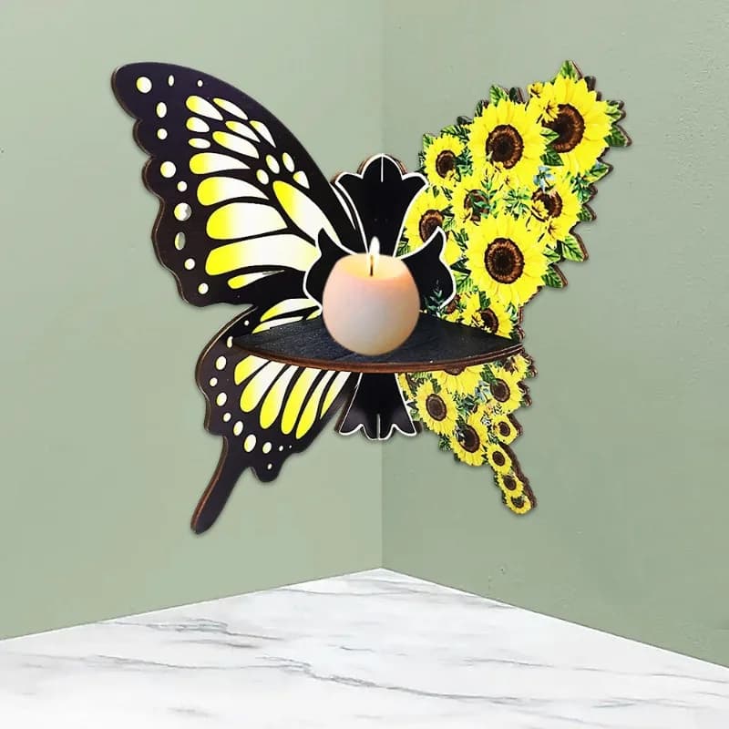 Wooden Flower Butterfly Corner Shelf Asymmetrical Creative Wall Display Rack for Aromatherapy Candles