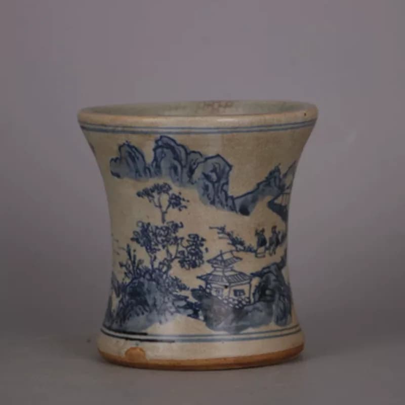 Antique Blue and White Porcelain Pen Holder - Traditional Landscape Motif Ceramic, Study Room Desktop Decor & Collectible