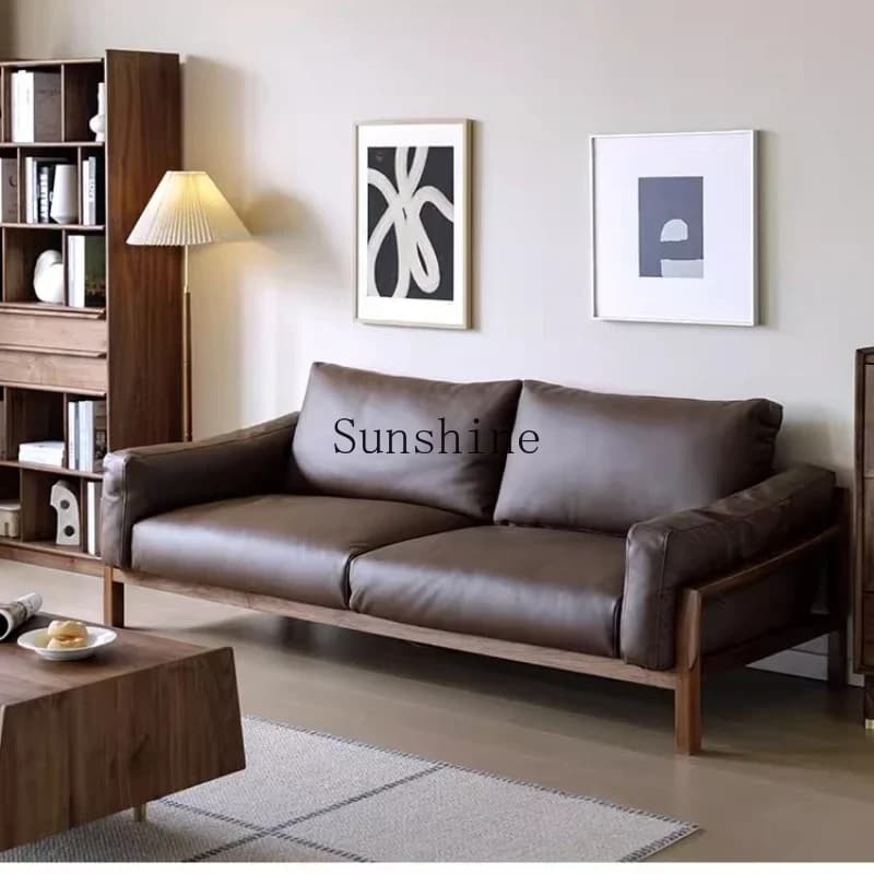 Small apartment Nordic style modern simple living room leather black walnut solid wood sofa