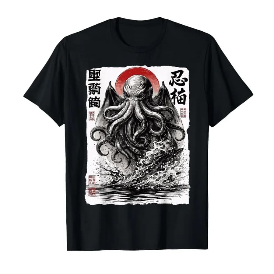 Cthulhu Kraken Vintage Japanese Art Ukiyo-e Anime Retro Sea T-shirt For Men Women 100% Cotton T Shirts Short Sleeve Tops 0420-2