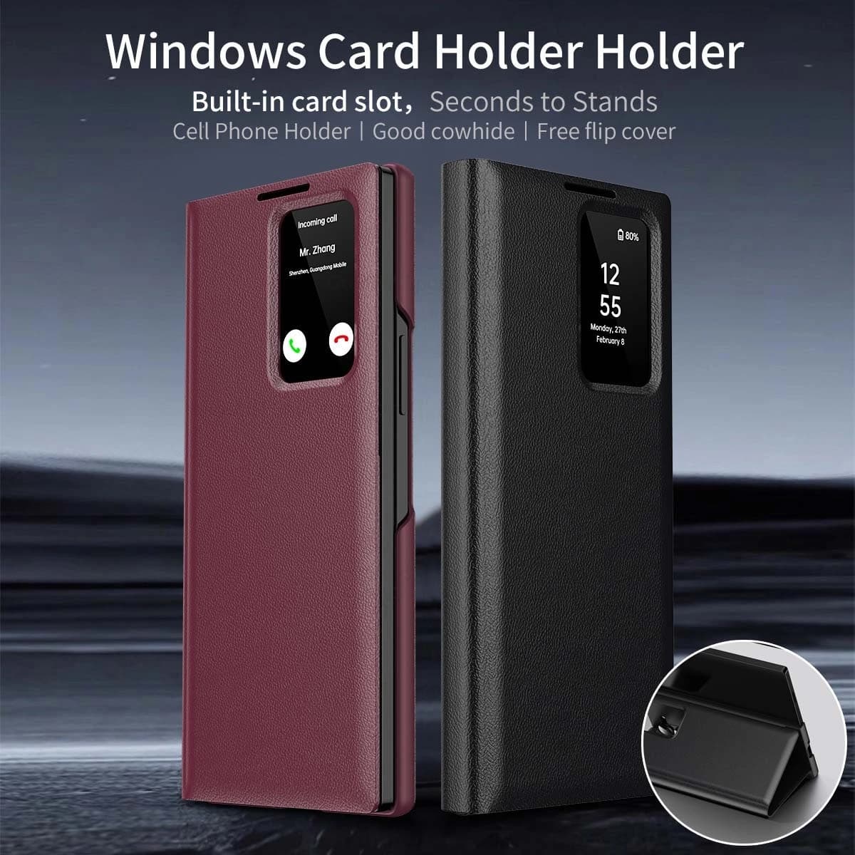 View Windows Flip Kickstand Leather Case For Samsung Galaxy Z Fold6 Full Protective Book Stand Cover For Samsung Z Fold7 6 5 4 3