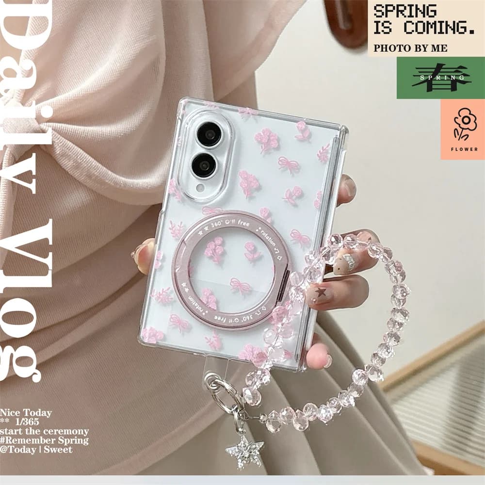 Pink Flower Bow Print Phone Case For Samsung Galaxy Z Fold 8 360°Rotating Ring Holder Hard Cover With Crystal Bead Wrist Chain