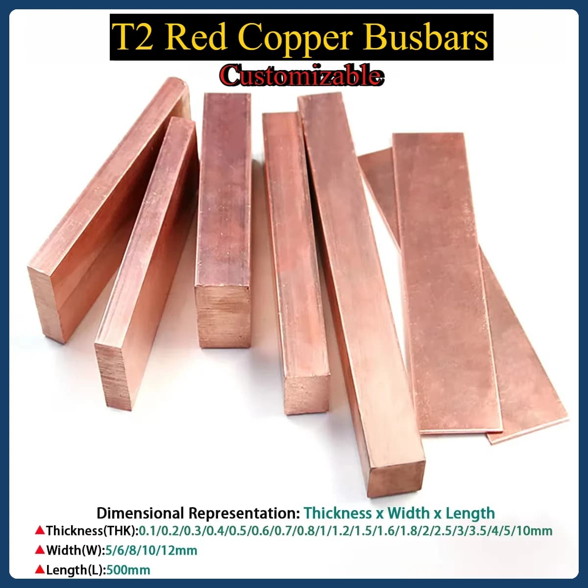 T2 Red Copper Busbars 99.9% Purple Copper Flat Bar Plate Strip Customized, Thickness0.1-10mm W5-12mm L 500mm