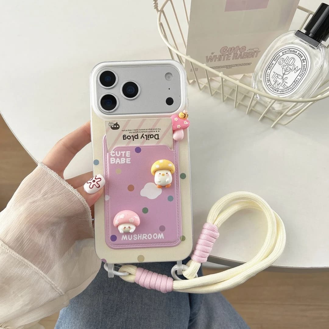 3D Stereoscopic Mushroom Wallet Card Holder Phone Case For iPhone 11 12 13 14 15 16 17 18 Pro Max Lovely Soft With Lanyard Cover