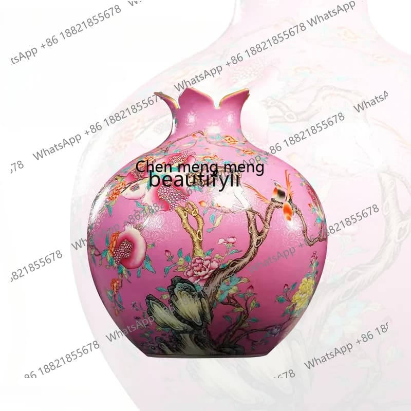 X JingdezhenCeramic Vase HandDrawnFlowers and Birds Pattern PomegranateBottle Chinese Style Ornament Decoration Office Living Ro