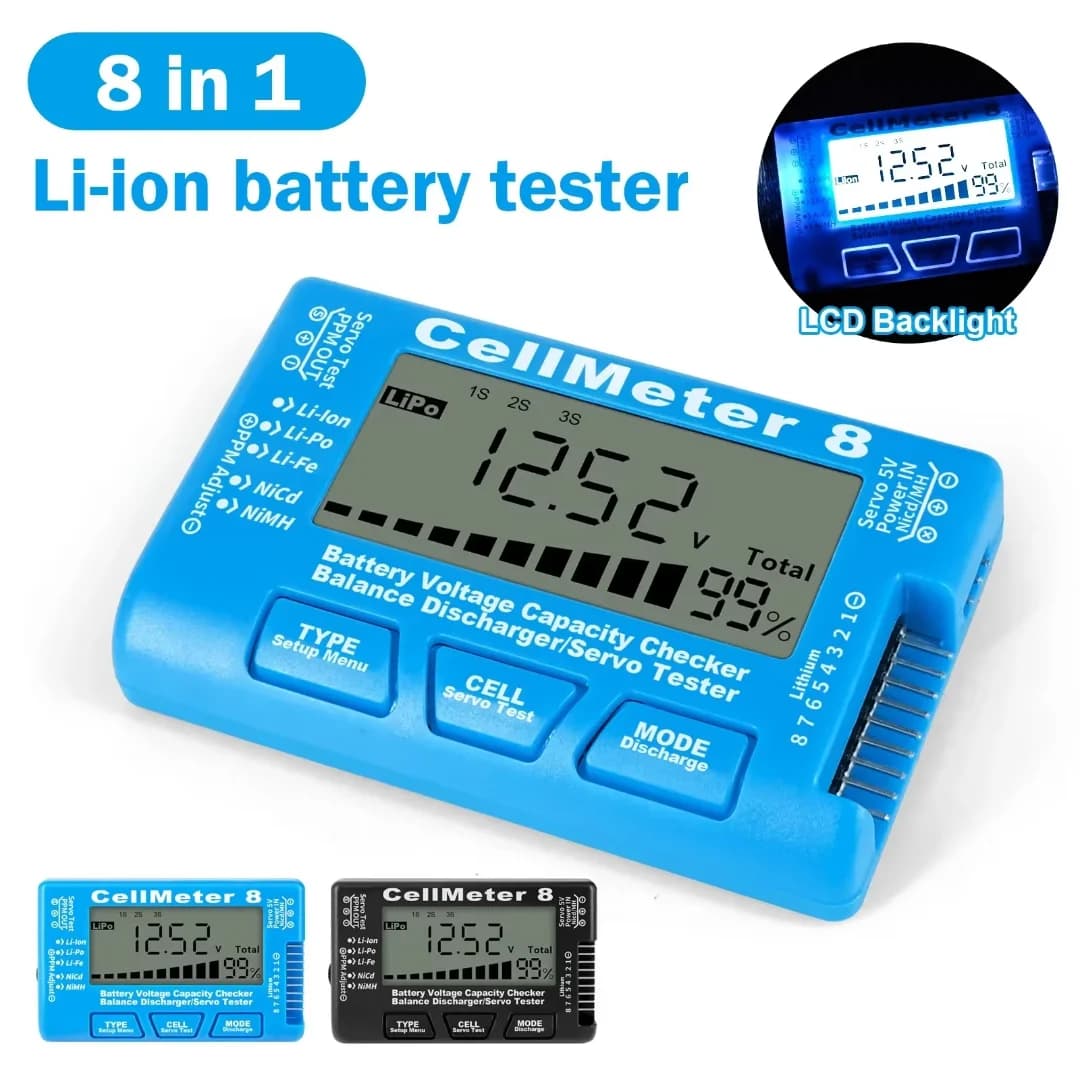 RC CellMeter 8 2-8S 4-8S LiPo Li-lon Battery Tester Battery Capacity Voltage Meter NiMH Meter 8 Digital Battery Capacity Checker