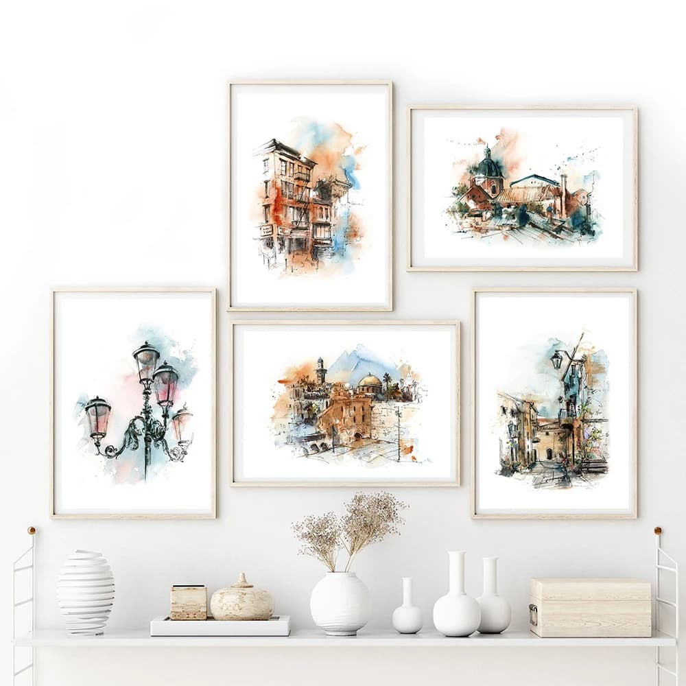 Travel Prints,City Scene Prints Set of 5,Gallery Wall Set,Architecture Watercolor Painting,City Wall Art Decor,Room Decoration