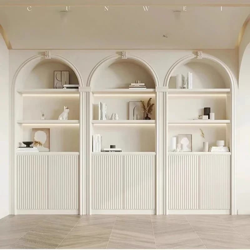 X4 French cream white solid wood bookcase American carved arched decorative combination cabinet white