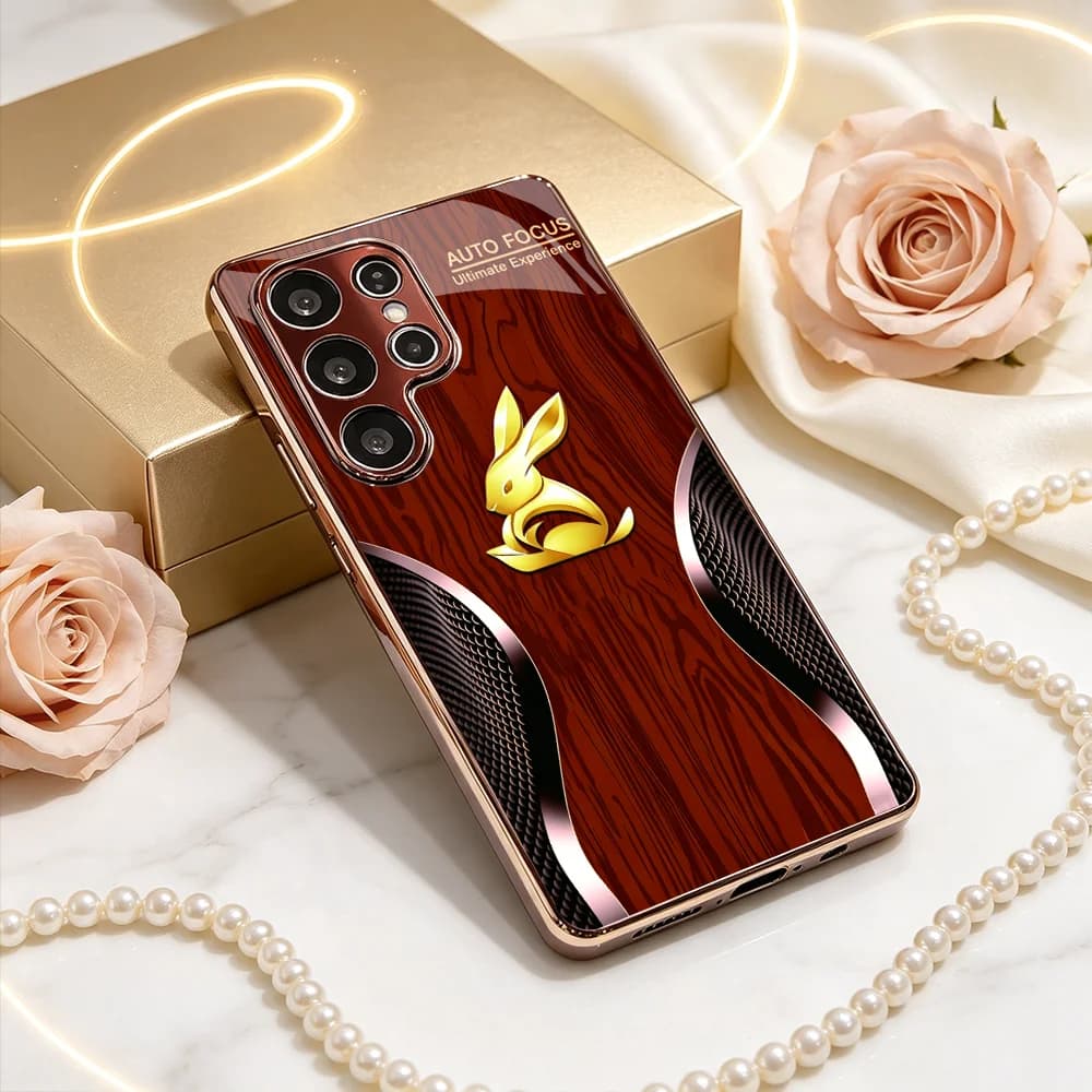 Wood Grain Golden Rabbit Red Tempered Glass TPU phone case for Samsung Galaxy S26/S25/S24/S23/S22/S21 FE Ultra Plus Shockproof