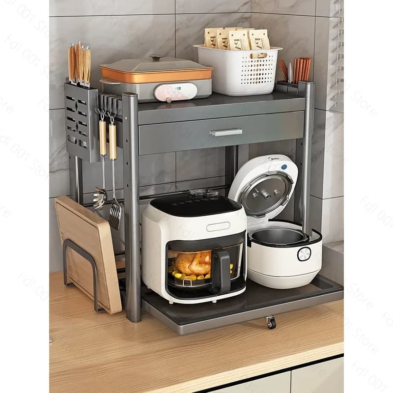 Kitchen Microwave Oven Shelf Double Multifunctional Pull-out With Drawer Countertop Storage Rack Household Oven Holder