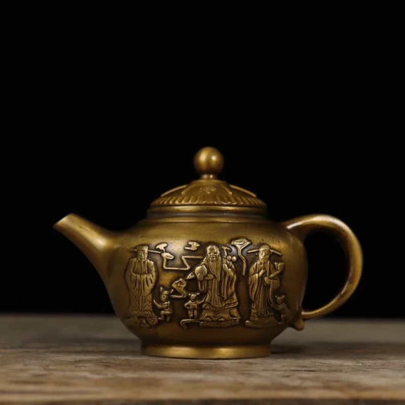 Copper Fortune, Prosperity, Longevity Wine and Tea Pot, Antique Shelf Ornament, Old Brass Home Decor