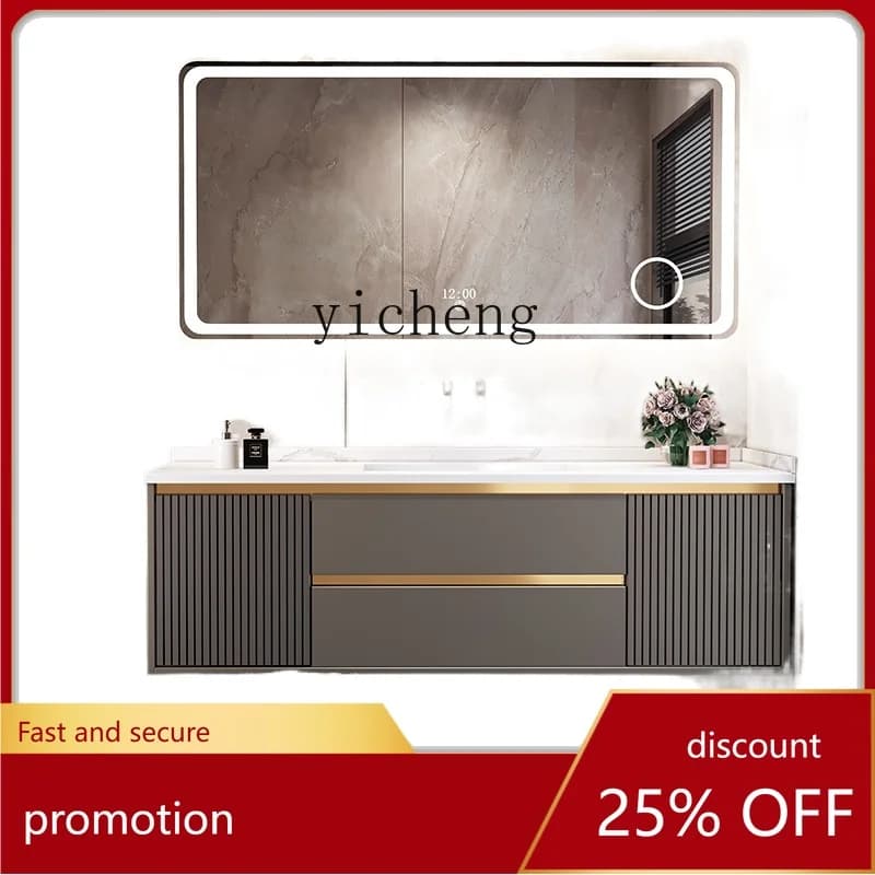 CZ Stone Plate Seamless Ceramic Basin Bathroom Bathroom Cabinet Combination Bathroom Light Luxury Modern Custom Solid Wood Wash