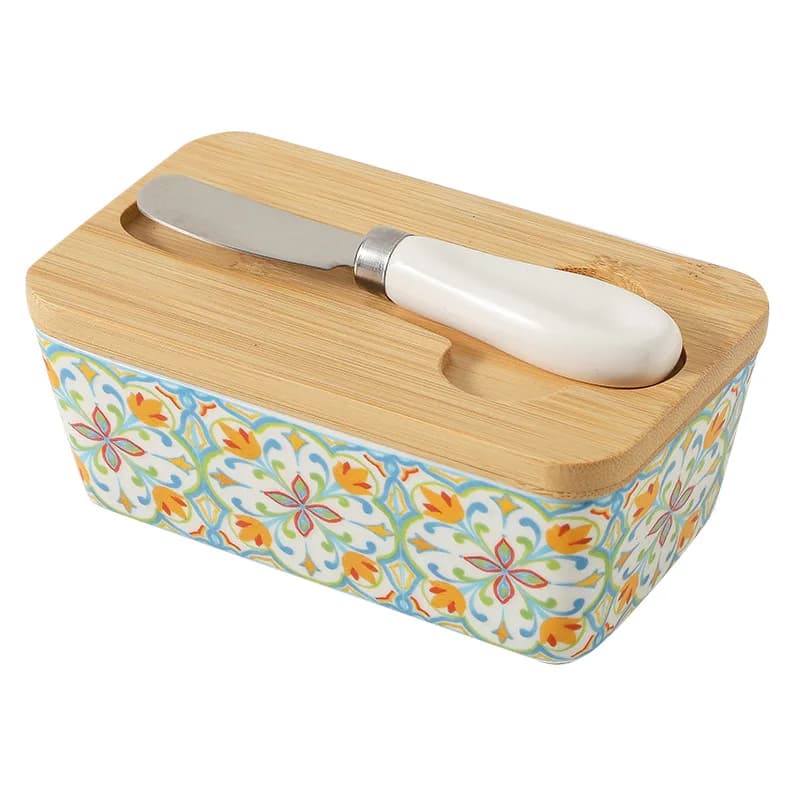Idyllic ceramic butter box with knife and lid American home kitchen storage box Cross-border cheese storage box