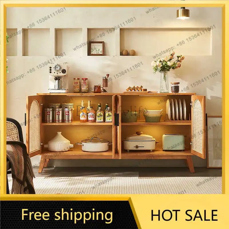 LD retro solid wood dining side cabinet wabi wind living room rattan entrance cabinet