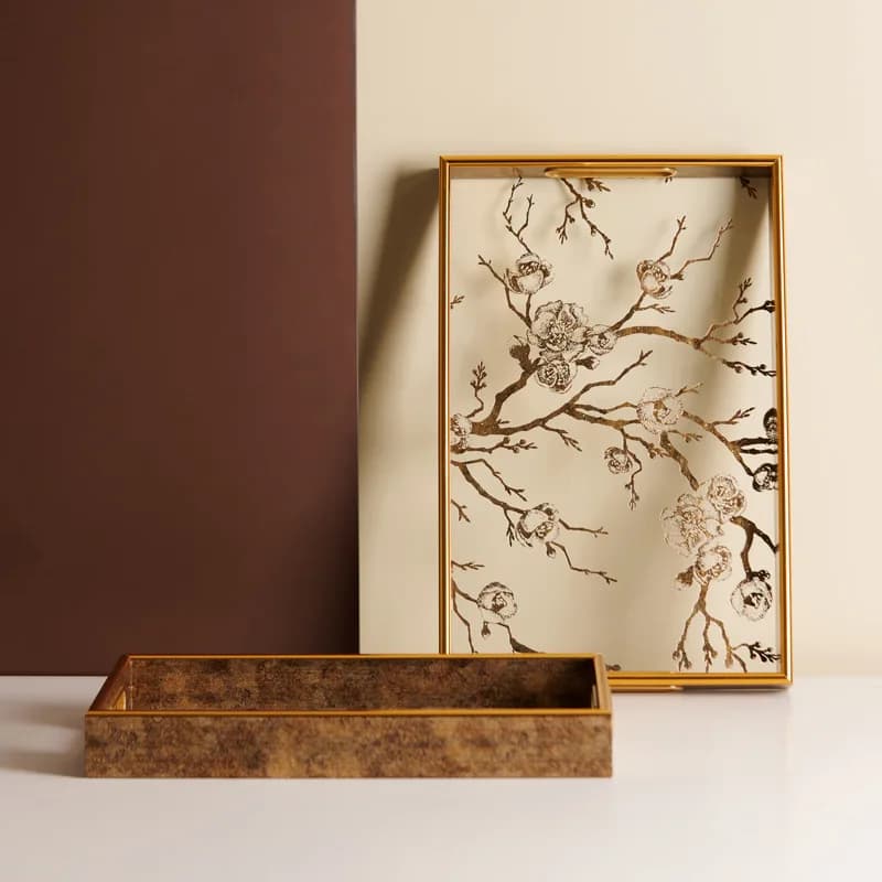 European light luxury gold flower branch pattern rectangular tray, desktop storage jewelry plate ornament