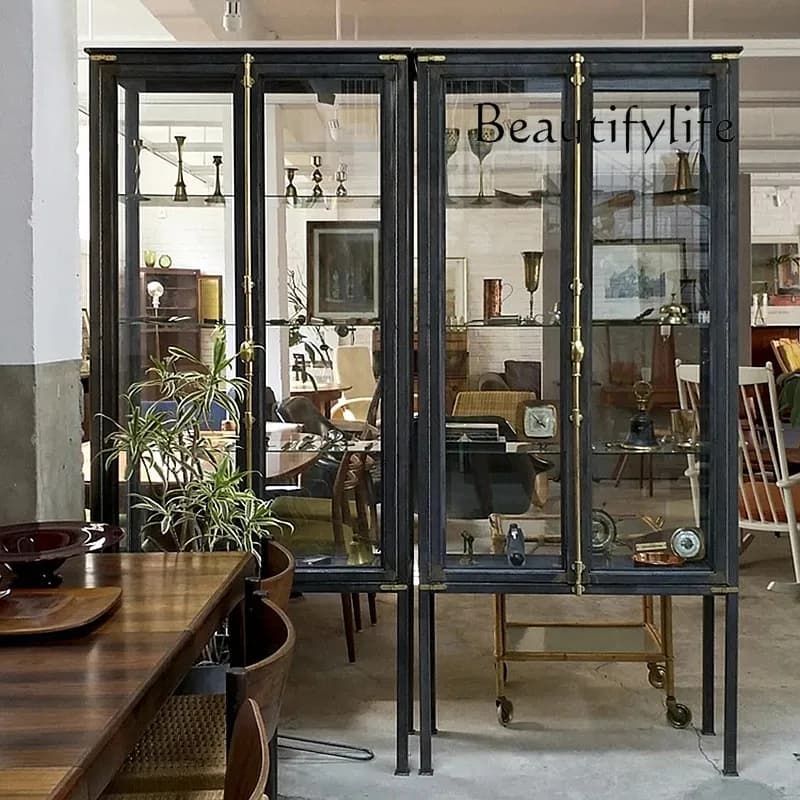 Retro glass display cabinet figure boutique wrought iron display cabinet shelf medieval cabinet with lamp