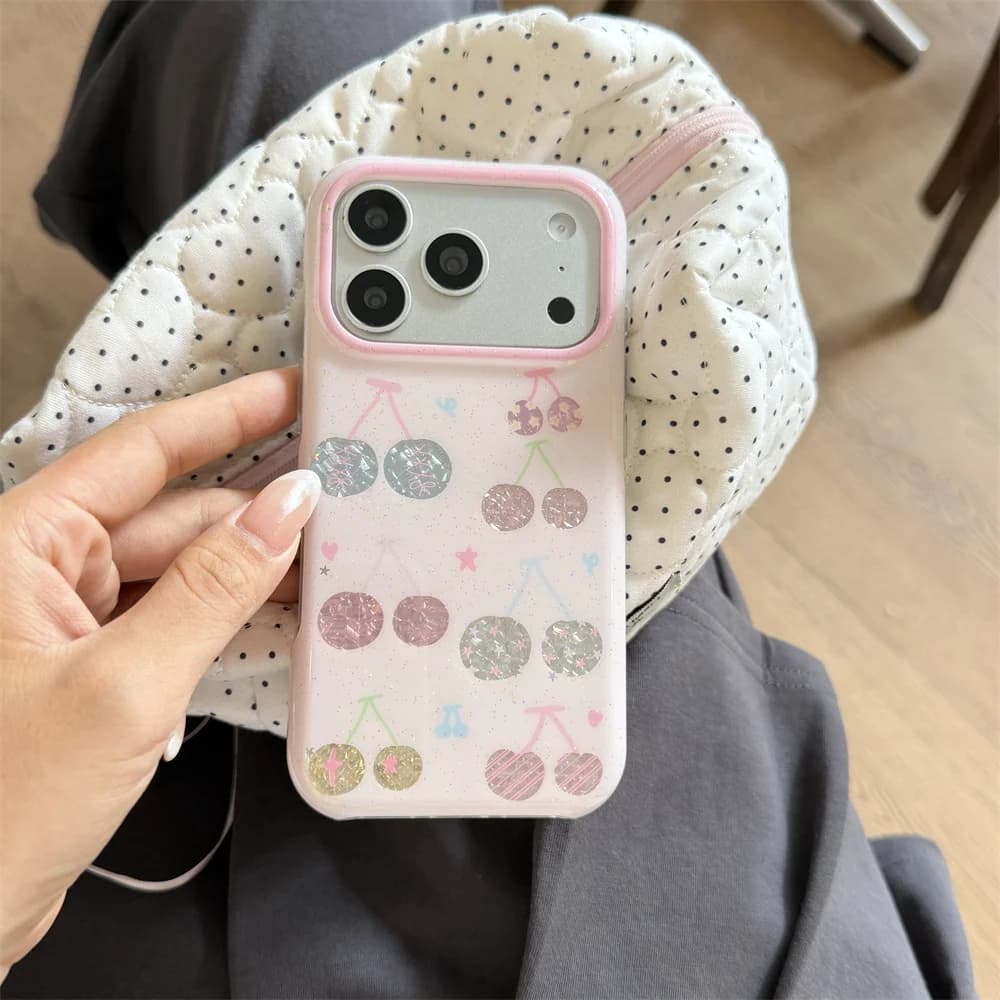 Glitter Cherry Pink Phone Case For iPhone 17 16 15 Pro Max Kawaii Star Polka Dot Shockproof Soft Protective Back Cover